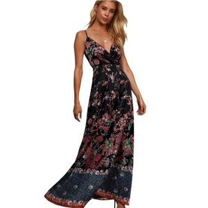 LULUS Budding Love Black Floral Print Satin Maxi Dress m